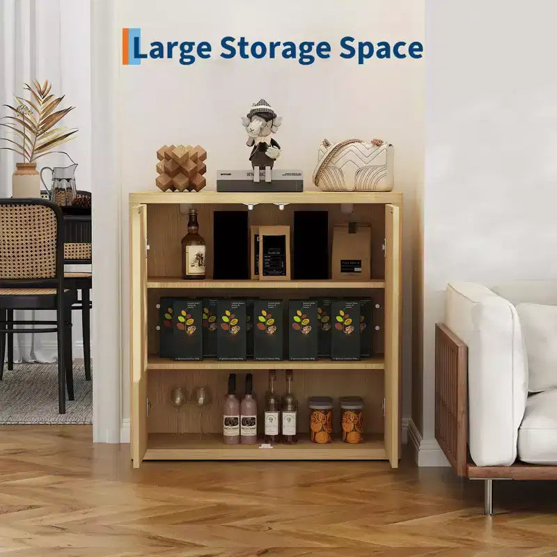 34.6 Buffet Cabinet with Fluted Doors, 3-Tier Sideboard with Adjustable Shelves for Dining Room, Kitchen, Living Room  Natural Oak Finish
