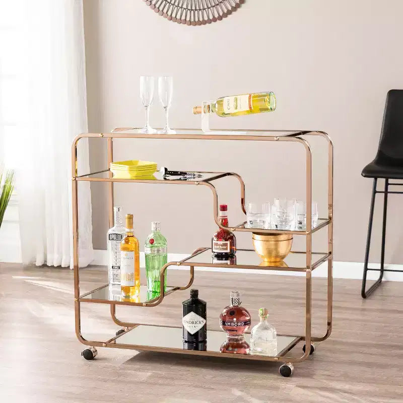 Art Deco Mirrored Bar Cart with 6 Shelves & Locking Casters - Gold