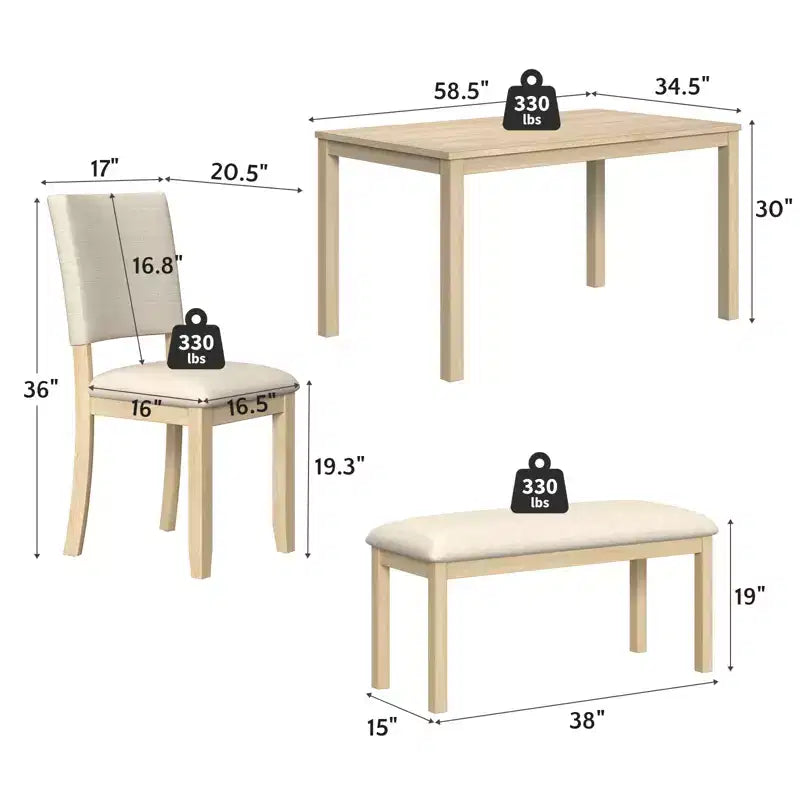 Zevemomo 6-Piece Solid Wood Dining Table Set for 6, Including 1 Dinner Table, 4 Upholstered Chairs and 1 Bench for Dining Room, Kitchen, Beige