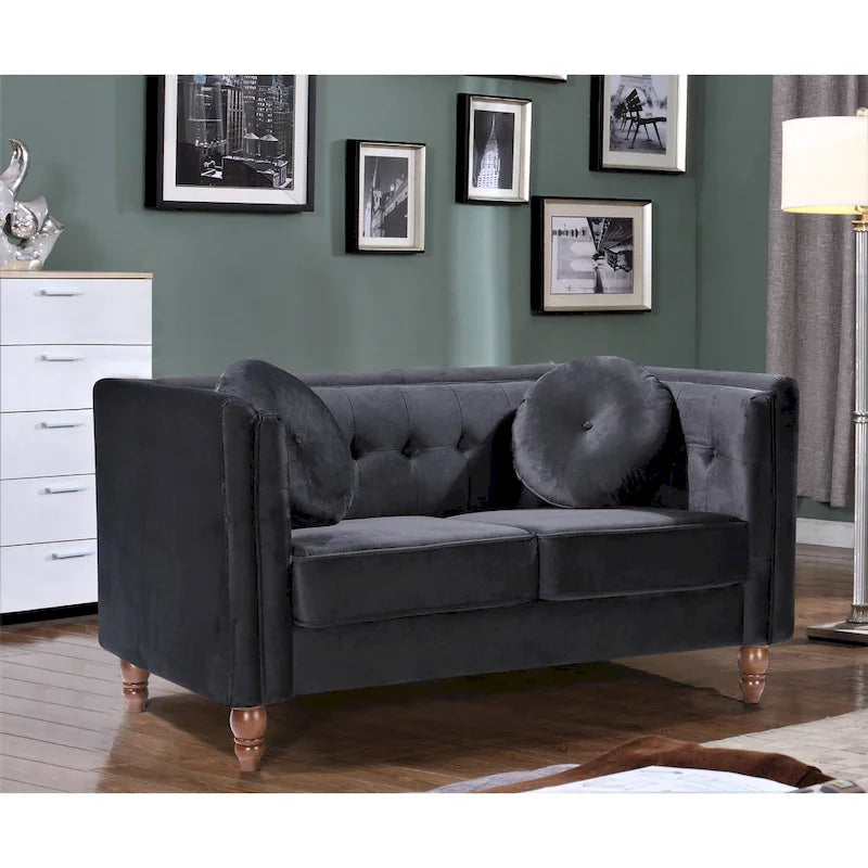 Crushed Velvet Loveseat with Button-Tufted Back and Bolster Pillows
