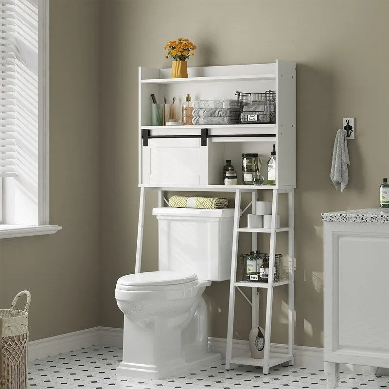 Freestanding Bathroom Storage Shelf with Sliding Barn Door and Toilet Paper Holder White