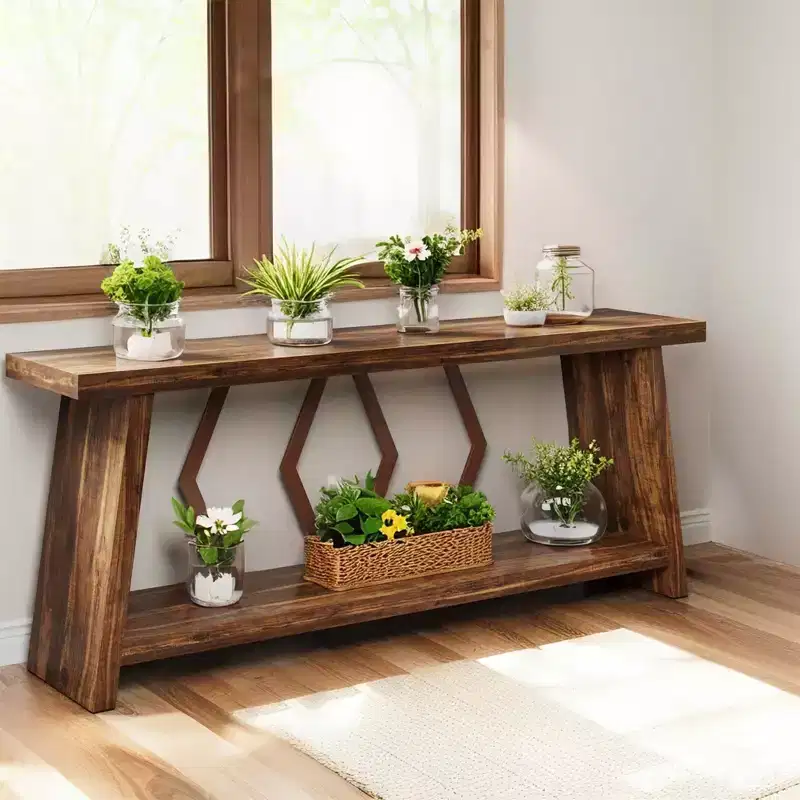 MAYEERTY 70.86 Extra Long 2-Tier Console Table, Rustic Sofa Table with Metal Frame