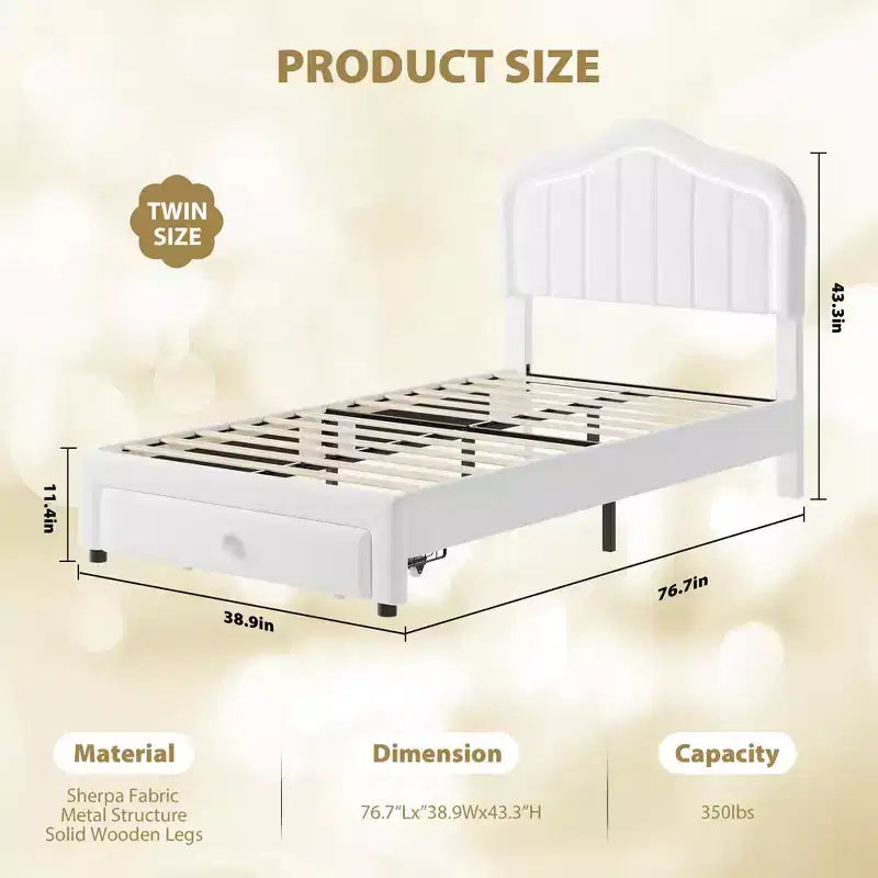 Upholstered Bed Frame with Storage Drawer and Smart Led Headboard, Twin Size Platform Bed Frames for Kids, Wooden Slats Support, No Box Spring Needed