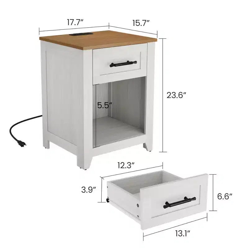2Pcs Farmhouse Nightstand with Charging Station  2 Drawers & Open Shelf, USB/Type-C/AC Outlets, End Table for Bedroom, Living Room