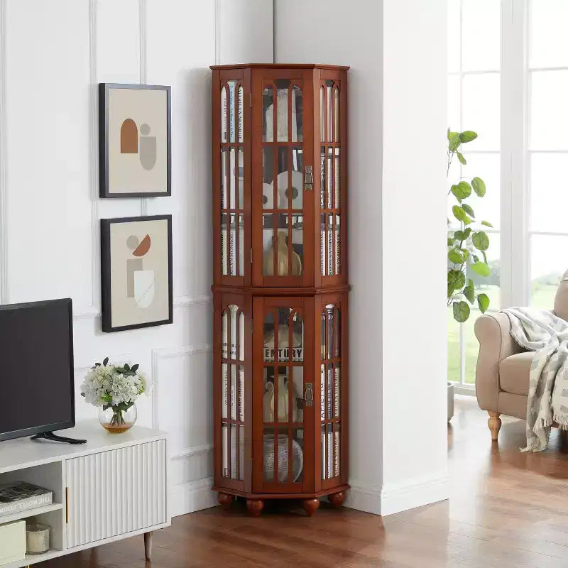 Corner Curio Cabinet with Lights, Glass Display Cabinet Display Case Storage Showcase with Adjustable Shelves, Mirrored Back Panel