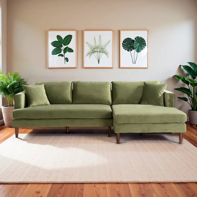 Mid-Century Modern L-Shaped Pillow Back Velvet Sectional Sofa