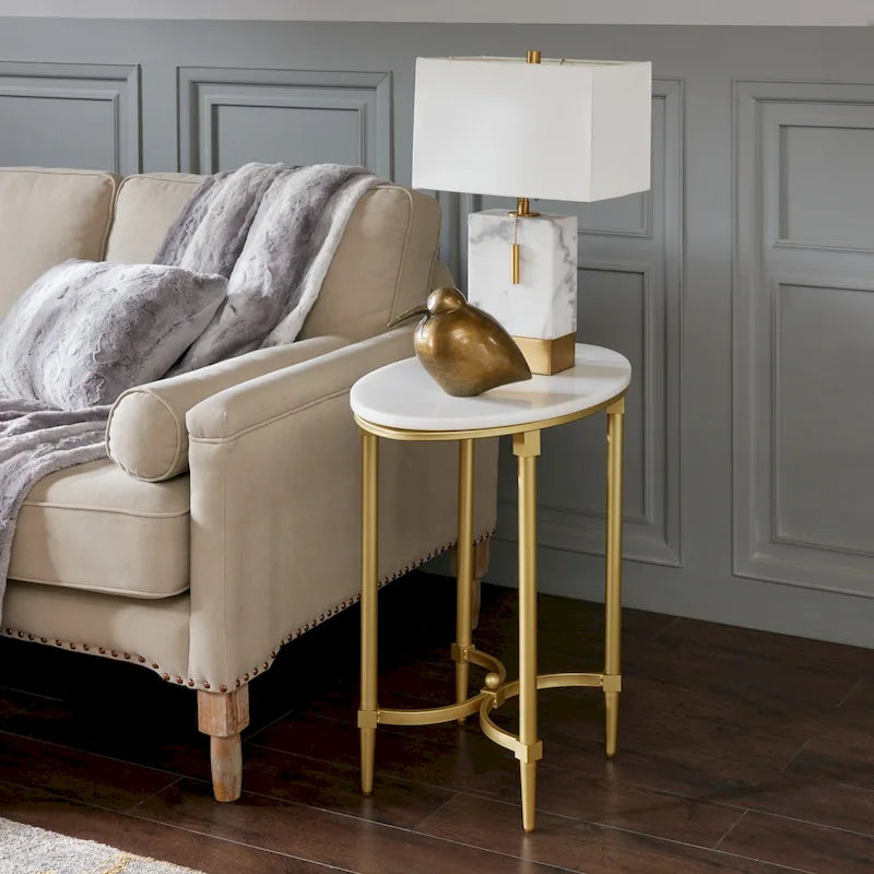 Gold-Finished Metal Oval End Table with White Marble Tabletop