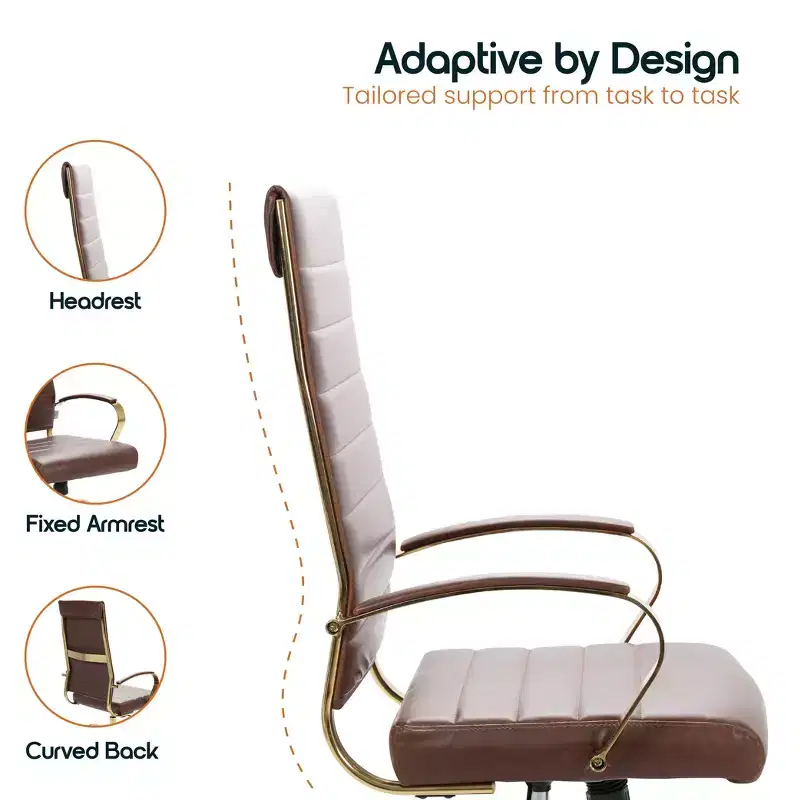 LeisureMod Benmar High-Back Ribbed Leather Office Chair - Modern Swivel & Tilt Executive Desk Chair - Gold Base