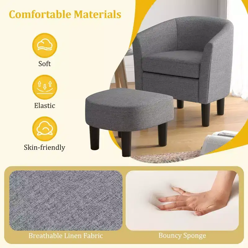 Costway Barrel Club Chair with Ottoman Set Footrest Curved Back & Removable Seat Cushion Grey/Beige