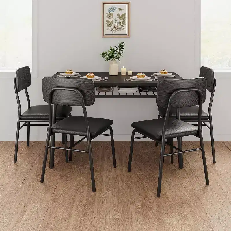 Acekool Dining Table Set for 4 with Storage Rack, 5-Piece Kitchen Table and Upholstered Chairs, Wood Top & Metal Frame, for Small Spaces, Retro color