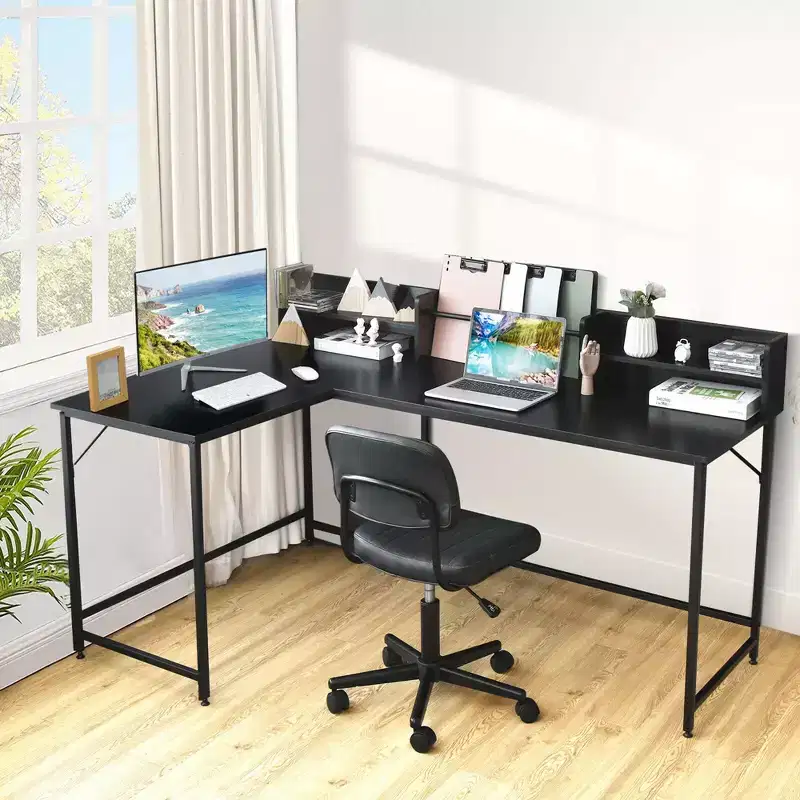 Costway 65.5'' L-shaped Computer Desk Home Office Corner Table w/Bookshelf