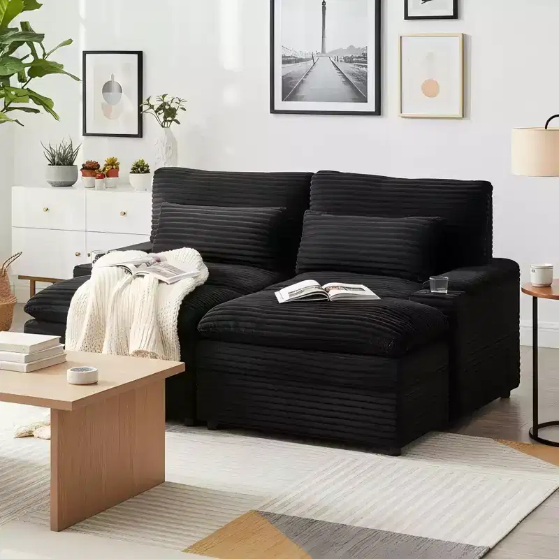 Polibi Modern Corduroy Loveseat Sofa with Two Movable Ottomans