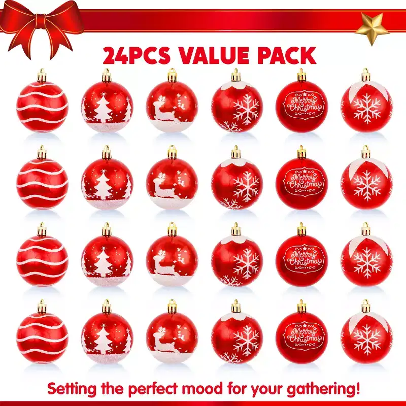 Joyfy Christmas Ornaments, Christmas Tree Decorations Indoor, 24ct Red and White 2.3 Shatterproof Hanging Balls for Tree & Wreath Xmas Decor