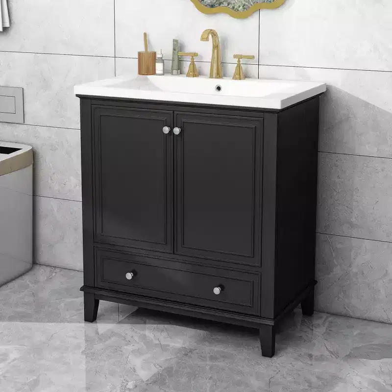 Bathroom Vanity with Single Top Sink, Freestanding Modern Bathroom Storage Cabinet with 2 Doors & 1 Drawer
