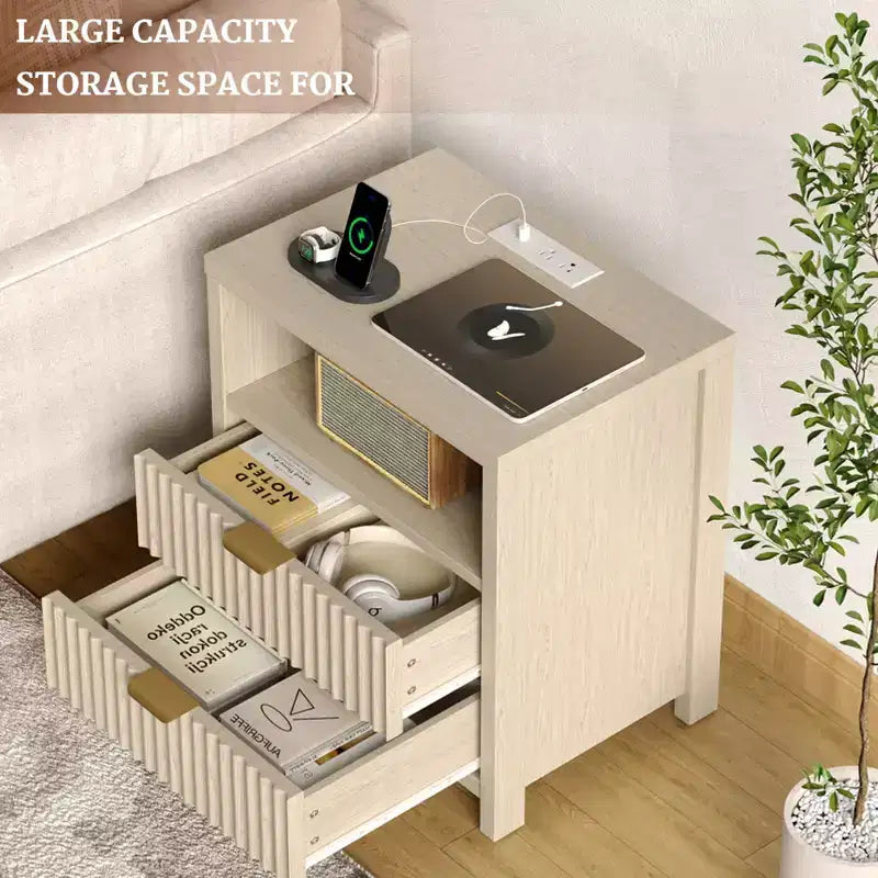 Fluted Nightstand with Charging Station 19.7 Inch Modern Bedside Table with 2 Wood Slide Drawers Open Shelf USB Ports Outlets Bedroom End Table White