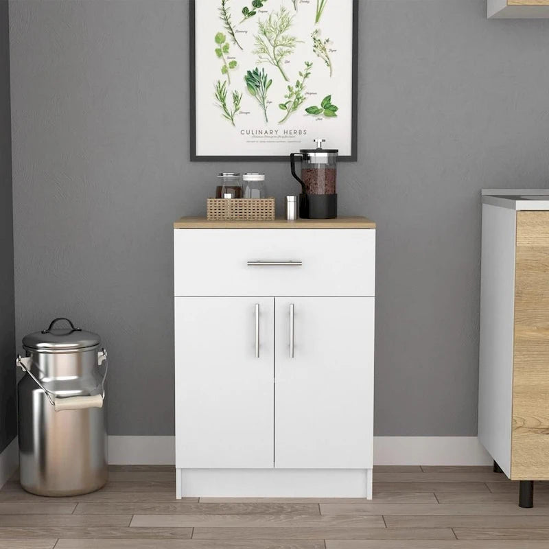 Pantry Organizer Cabinet with One Drawer, Two Interior Shelves, Two Doors, Sideboard, White/Light Oak