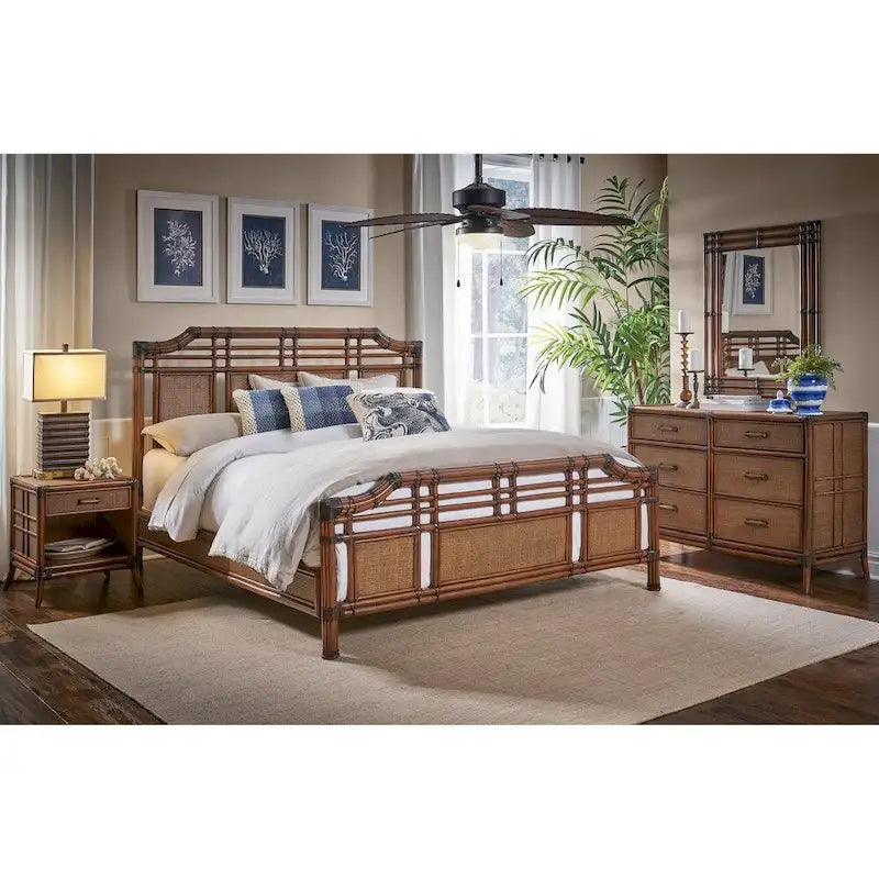 Six Drawer Dresser with Rattan Weave