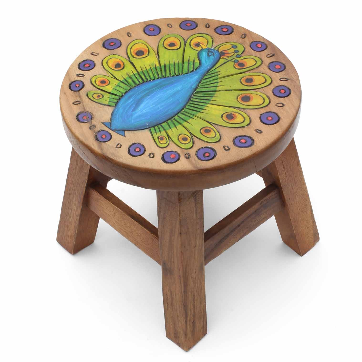 Peacock Carved Raintree Wood Stool