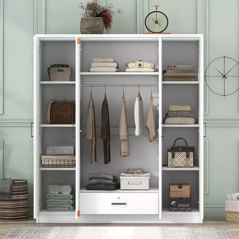Wood 4-Door Wardrobe Armoire with Hanging Rod, 1-Drawer and Storage Shelves