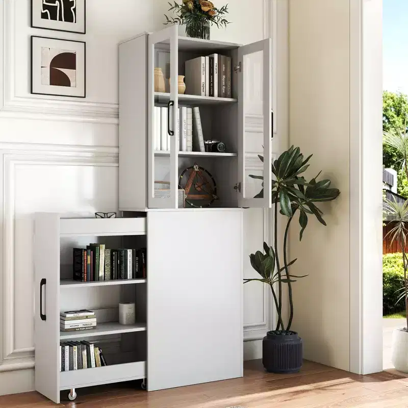 70.87-Inch Display Storage Cabinet with 4-Tier Pull-Out Shelf and 2 Glass Doors, MDF Kitchen Pantry Cabinet
