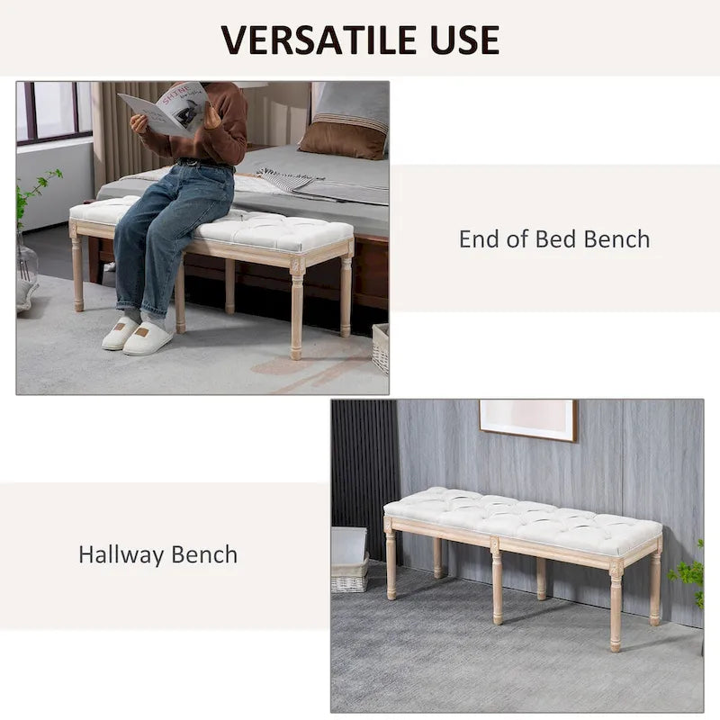 46 in. Upholstered Cream White Bedroom End-of-Bed Bench, Button Tufted with Wood Legs