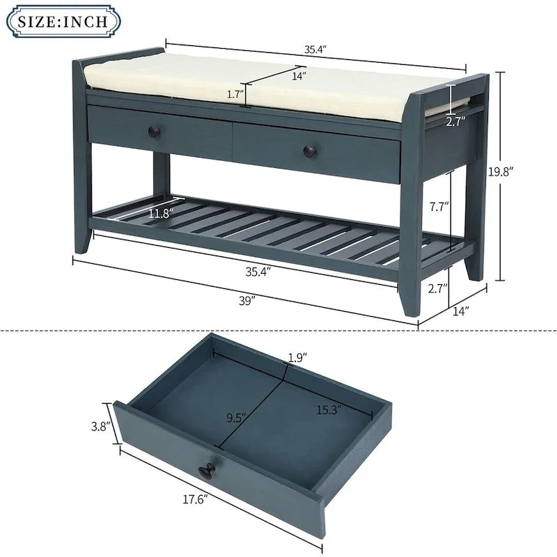 Wooden Storage Bench with Shoe Rack and Drawers