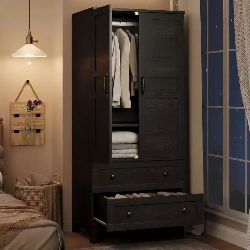 72 in Wooden Armoire Wardrobe Closet with 2 Drawers and Hanging Rod, Tall Clothing Armoire Cabinet with Doors and 18 Adjustable Shelves for Home