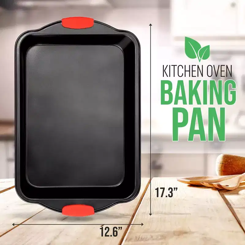 NutriChef 17 Non-Stick Baking Pan, Black Carbon Steel Bake Pan with Red Silicone Handles