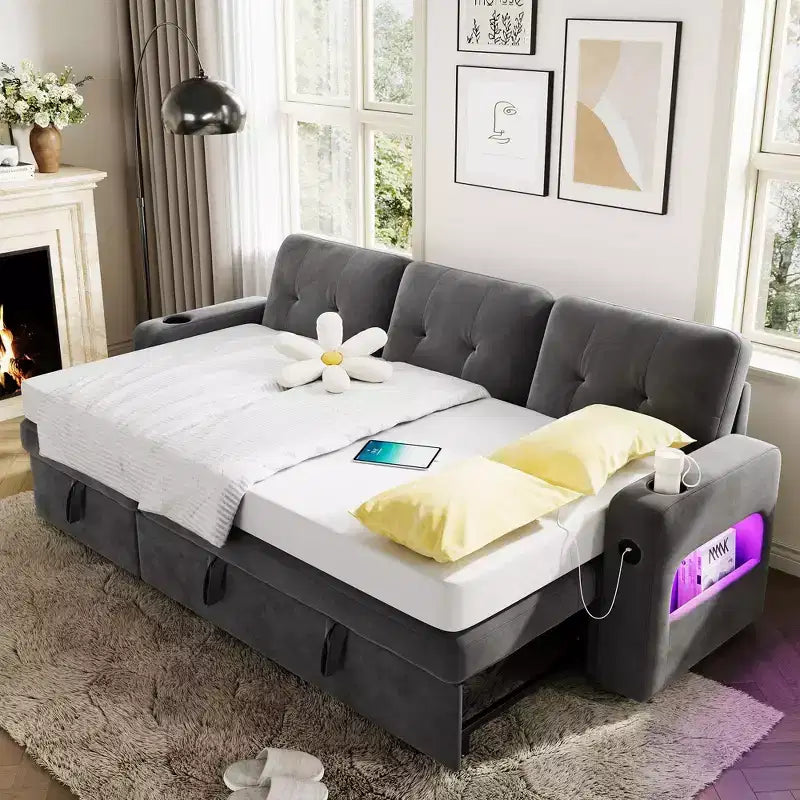 84 Modern Sofa Couch, 3 Seater Upholstered Sleeper Sofa Bed with Pull Out Bed & Storage, Deep Seat Sofa Couch for Living Room Bedroom Apartment