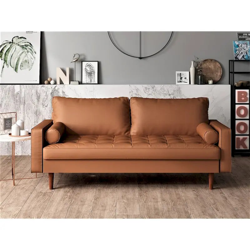 Mid-Century Modern Faux Leather Sofa with Track Arms