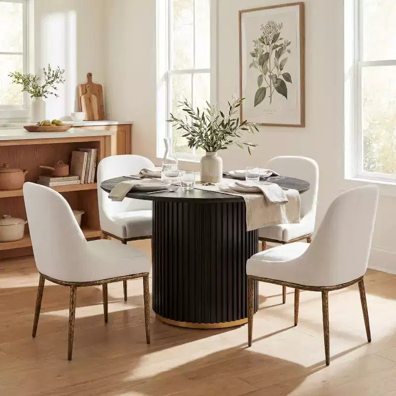 Linnea Industrial 5 Piece Upholstered Dining Chairs with Round Pedestal Dining Table