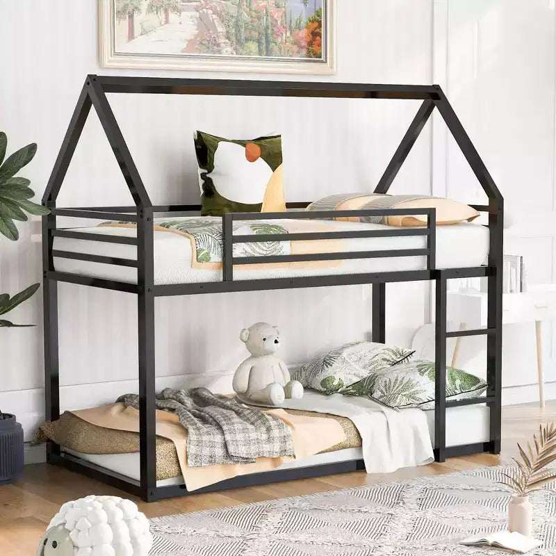 Okak Twin over Twin Metal House Bunk Bed with Built-in Ladder Low Loft Bunk Bed with Safety Guardrail for Kids Teens, Easy Assemble