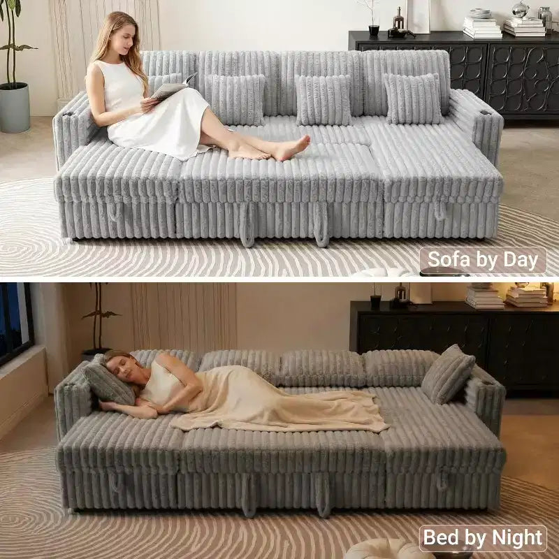MooxvMoo 124 U-Shaped Sleeper Sofa with Storage,Oversized Convertible Couch Featuring Pull-Out Bed,Adjustable Backrest,USB Ports & Cup Holders,Gray