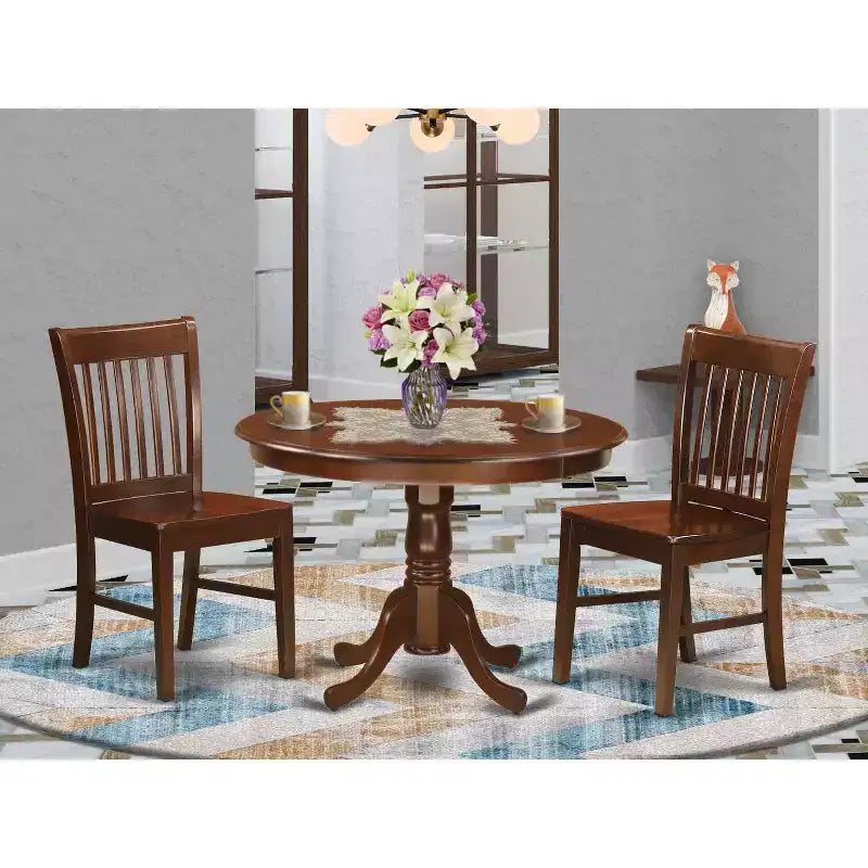 3-Pc Mahogany Finish Solid Wood Top - Dining Room Set - Seats 4