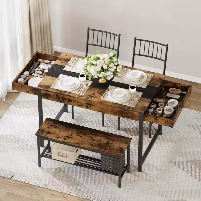 4-Piece Dining Set with 2 Chairs & 1 Bench (Rectangular Table w/Double Drawers) - Ideal for Kitchen, Dining Room or Yard