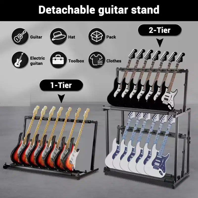Multi Guitar Stand 2 Tier, 14 Holder Height Adjustable Multiple Guitars Display Rack for Guitars Guitar Amp Accessories for Home Music Studio