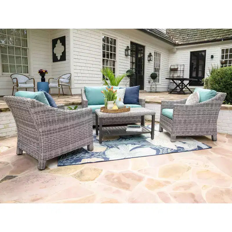 Leisure Made Marietta 4pc Wicker Seating in Spa Blue Fabric
