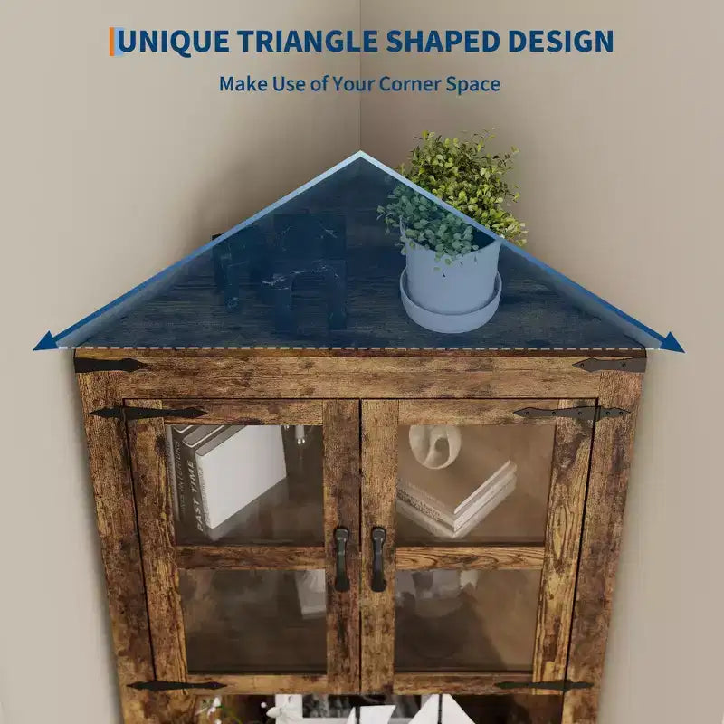 Farmhouse Corner Storage Cabinet Lighted Tall Space-Saving with Adjustable Shelves Glass Door Entryway Display Unit Living Room Kitchen