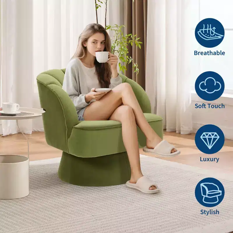 Modern Swivel Barrel Accent Chair, 360 Degree Velvet Upholstered Armchair with Striped Backrest & Plush Padding, Comfy Round Lounge Chair 2 PCS