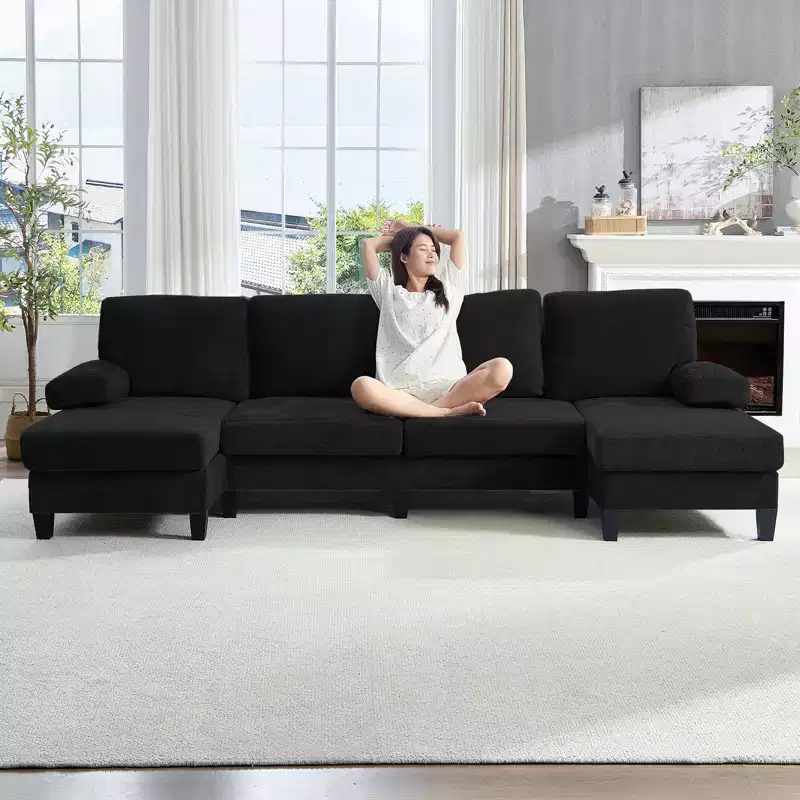 Mjkone 110U-Shaped Sectional Couches,Chenille Upholstered Large 4-Seater Sofa with Double Chaises and Sleepable Armrests