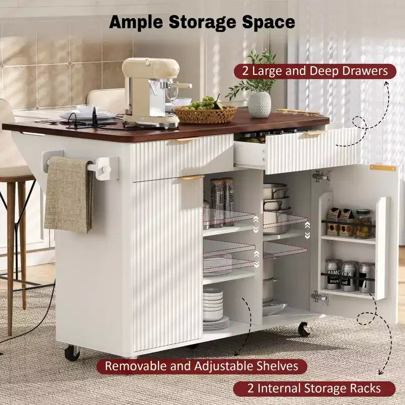 52-Inch Fluted Kitchen Island Cart with Power Outlet and Faux Marble Drop Leaf