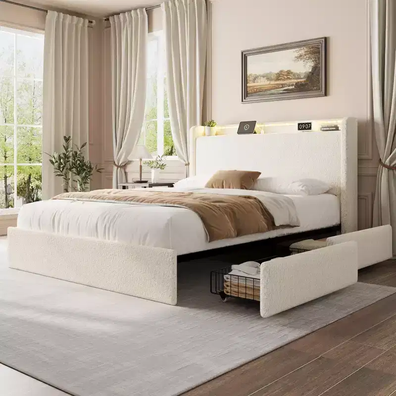 Platform Bed Frame, 4 Storage Drawers and Headboard, Wooden Slats Support, No Box Spring Needed, Easy Assembly, Noise-Free