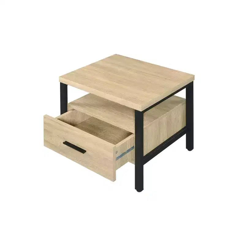 20 Yawan Accent Table Oak/Black Finish - Acme Furniture: Rectangular with Drawer, Open Shelf, Metal Glides