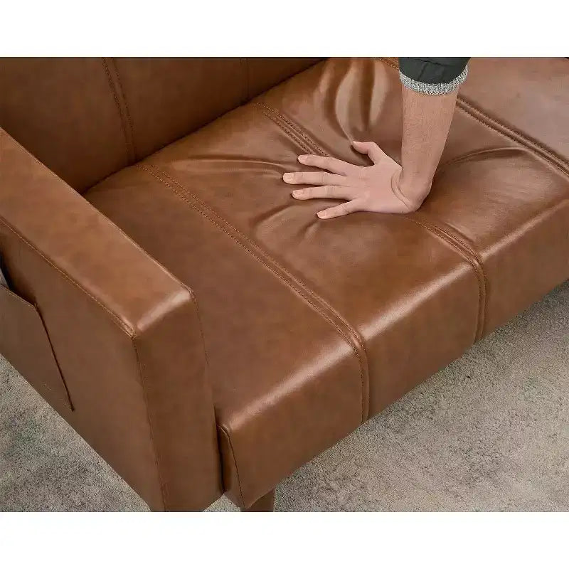 75 inch Futon Sofa Bed, Mid-Century Modern Futon Couch, Convertible Sleeper Sofa with Adjustable Backrest,Loveseat with Side Pockets, PU Leather Sofa