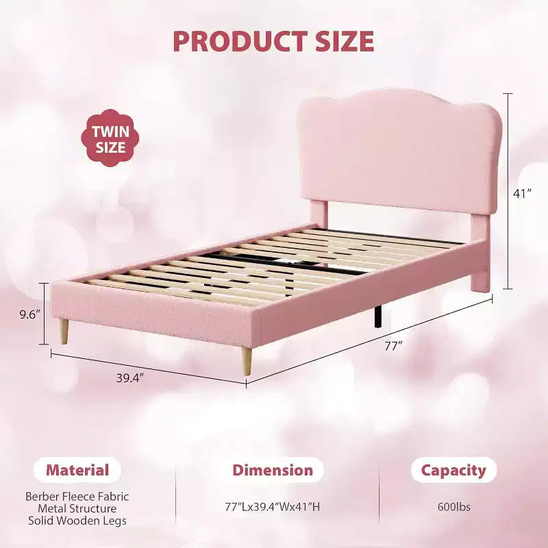 Twin Size Upholstered Platform Bed Frame with Scallop Headboard for Kids - Pink, No Box Spring Needed