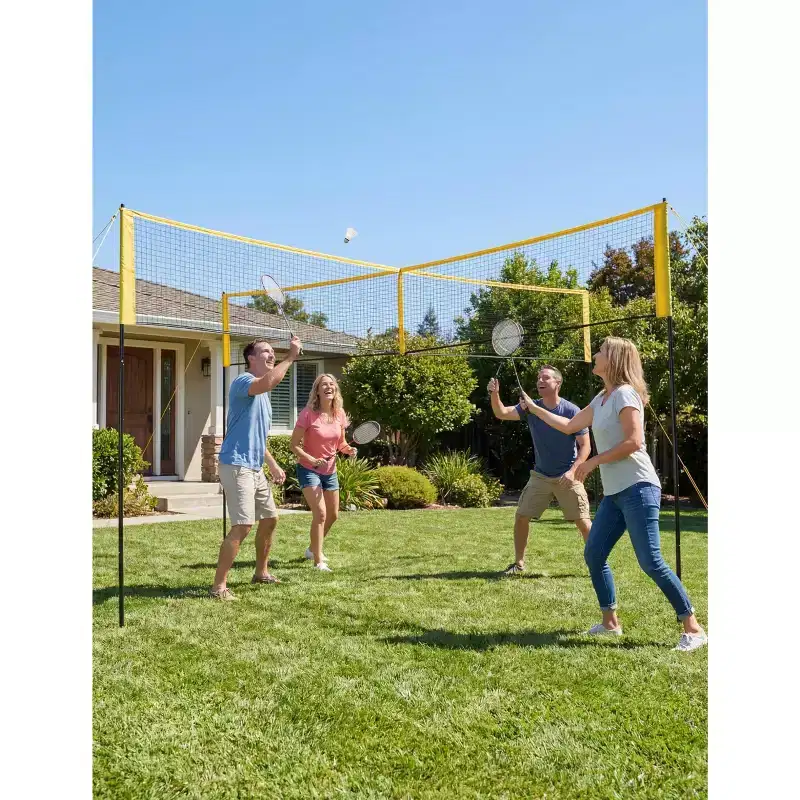 Yellow 14 FT 4-Square Volleyball Net Set C Portable Outdoor Game Kit with Adjustable Height for Backyard/Beach (Includes Ball, Pump & Bag)
