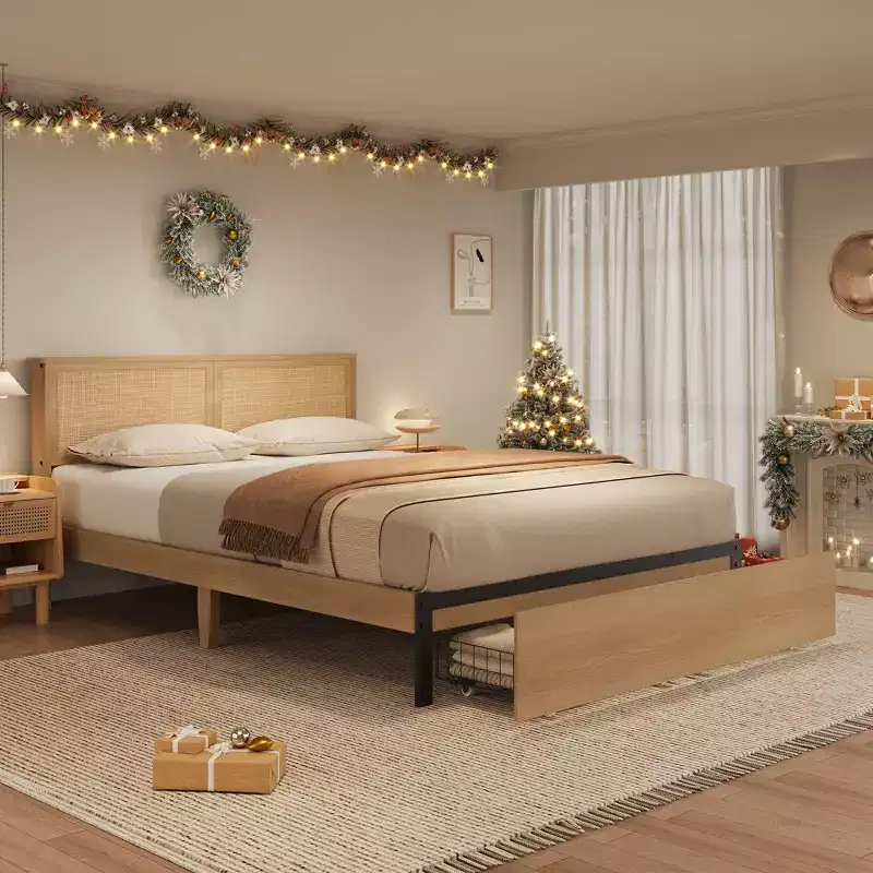 Natural Rattan Bed Frame, Full Size, 2 Storage Drawers, Boho Headboard, For 1