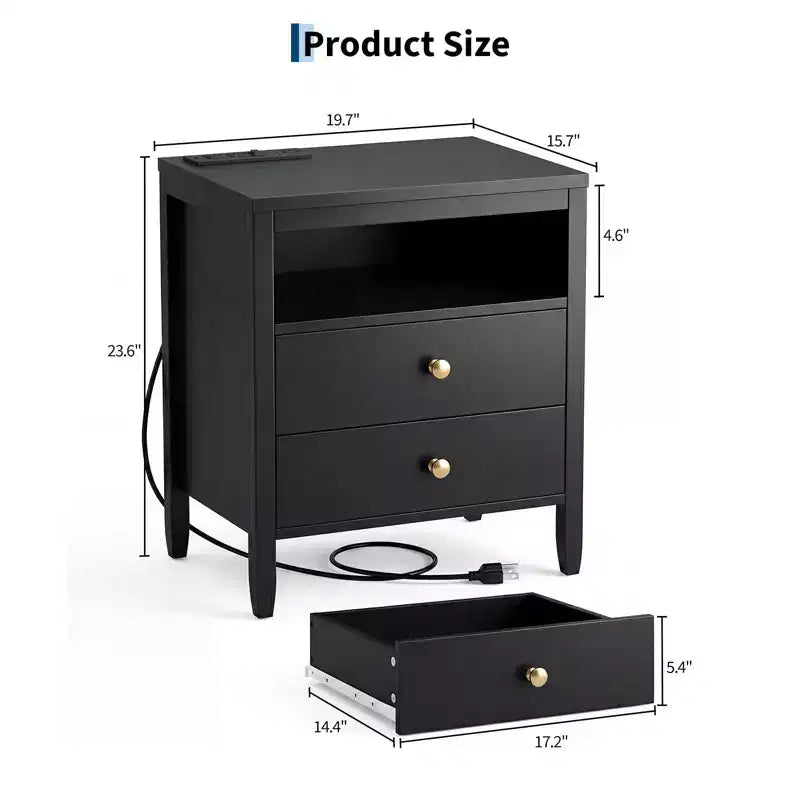 Black Nightstand with Charging Station, 2 Drawers & Open Shelf, Modern Wood Bedside Table with Metal Knobs for Bedroom/Living Room/Office