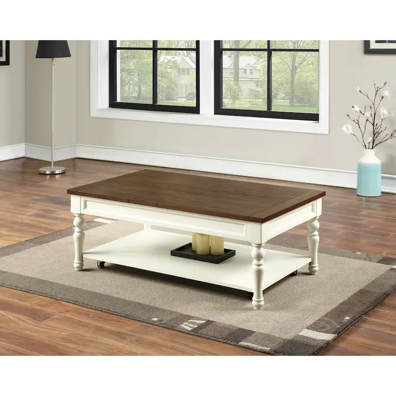 Two-tone Ivory and Mocha Wood Coffee Table with Lower Shelf