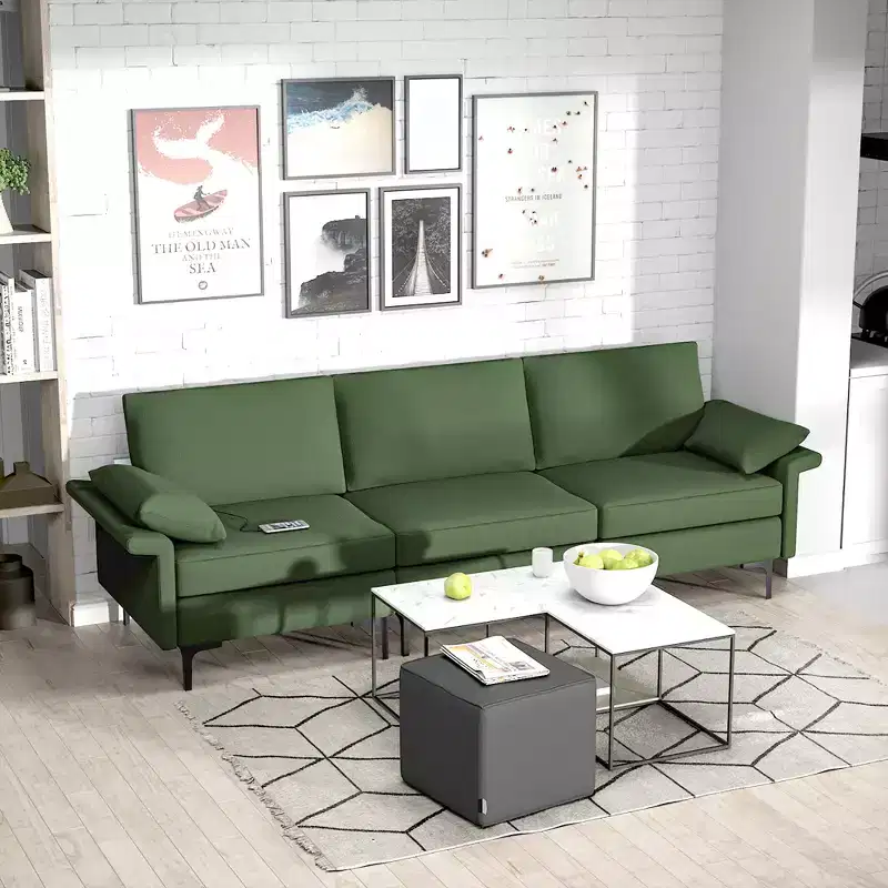 Costway Modern Modular Fabric 3-Seat Sofa Couch w/ Socket USB Ports & Metal Legs Red\Green